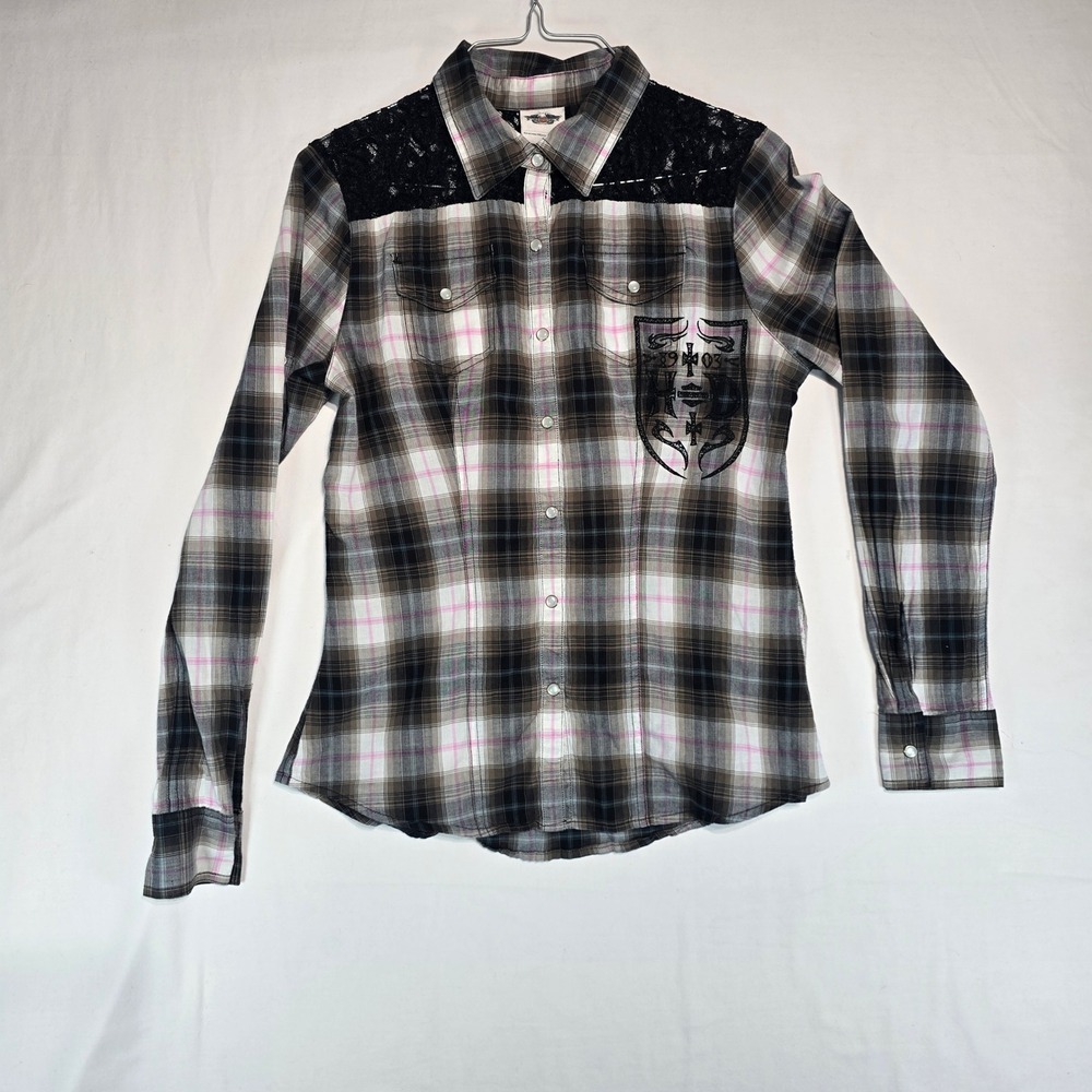 Harley-Davidson Womens Plaid Lace Back Snap Front Shirt Grey Pink Small 1903